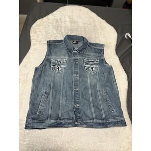 Red‎ Ape Mens Blue Denim Vest Distressed Pocket Button Down Size 3X